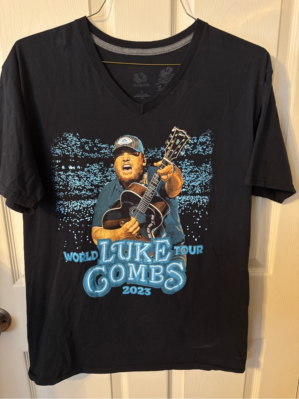 Fruit of the Loom Black Luke Combs 2023 Tour V-Neck Tee with Blue Print